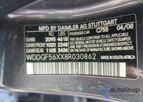 2008 Mercedes-Benz C 350 Sport из США, поврежденный, VIN WDDGF56XX8R030862